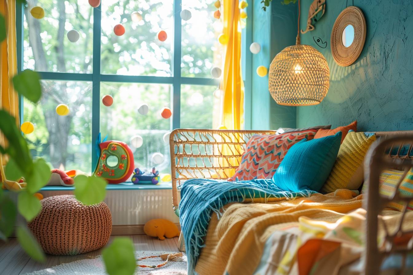 Chambre d'enfant décorée avec créativité à partir de matériaux recyclés, illustrant une ambiance de rêve durable